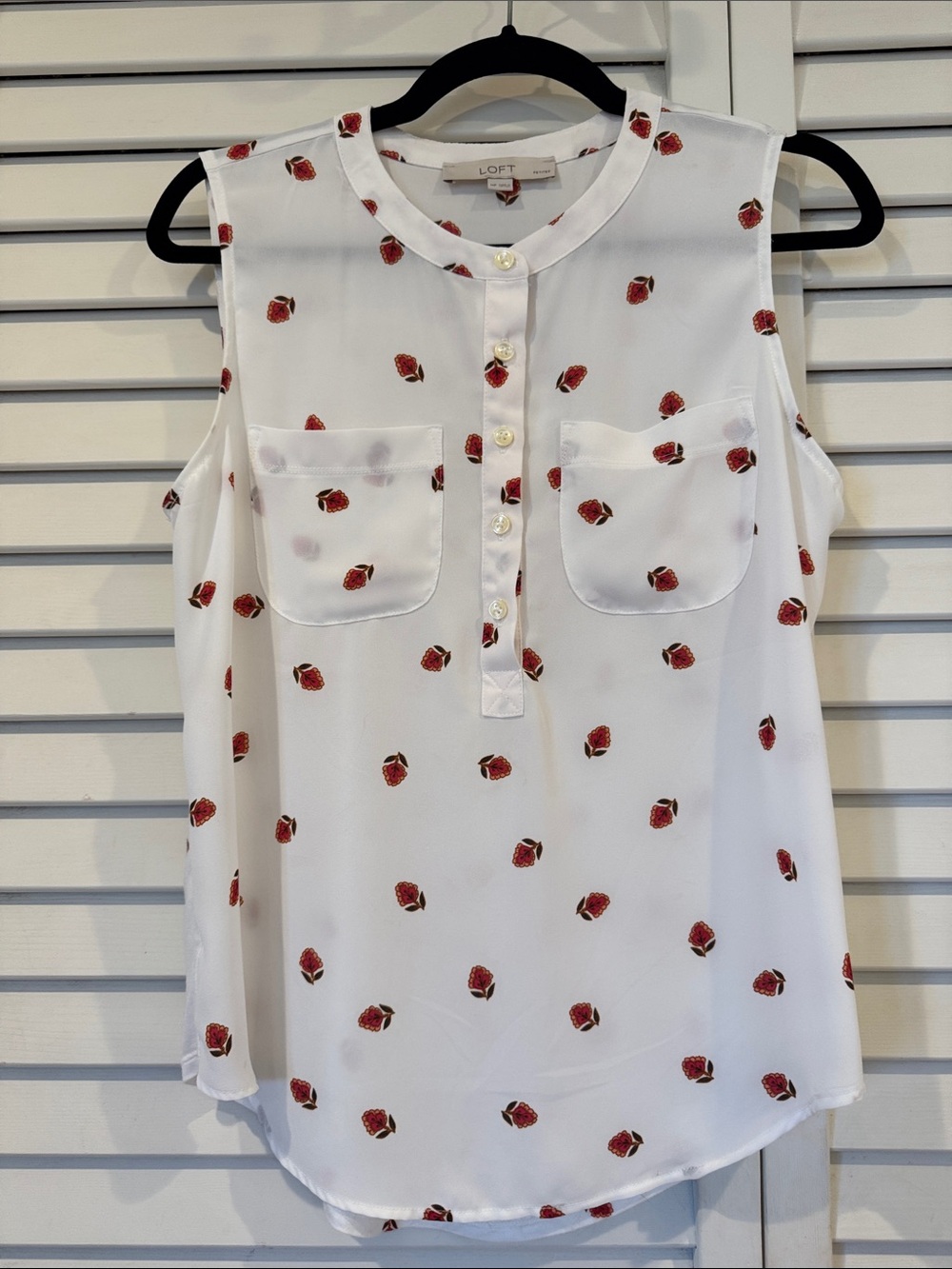 LOFT Sleeveless Mixed Media White Blouse with Red Floral Print